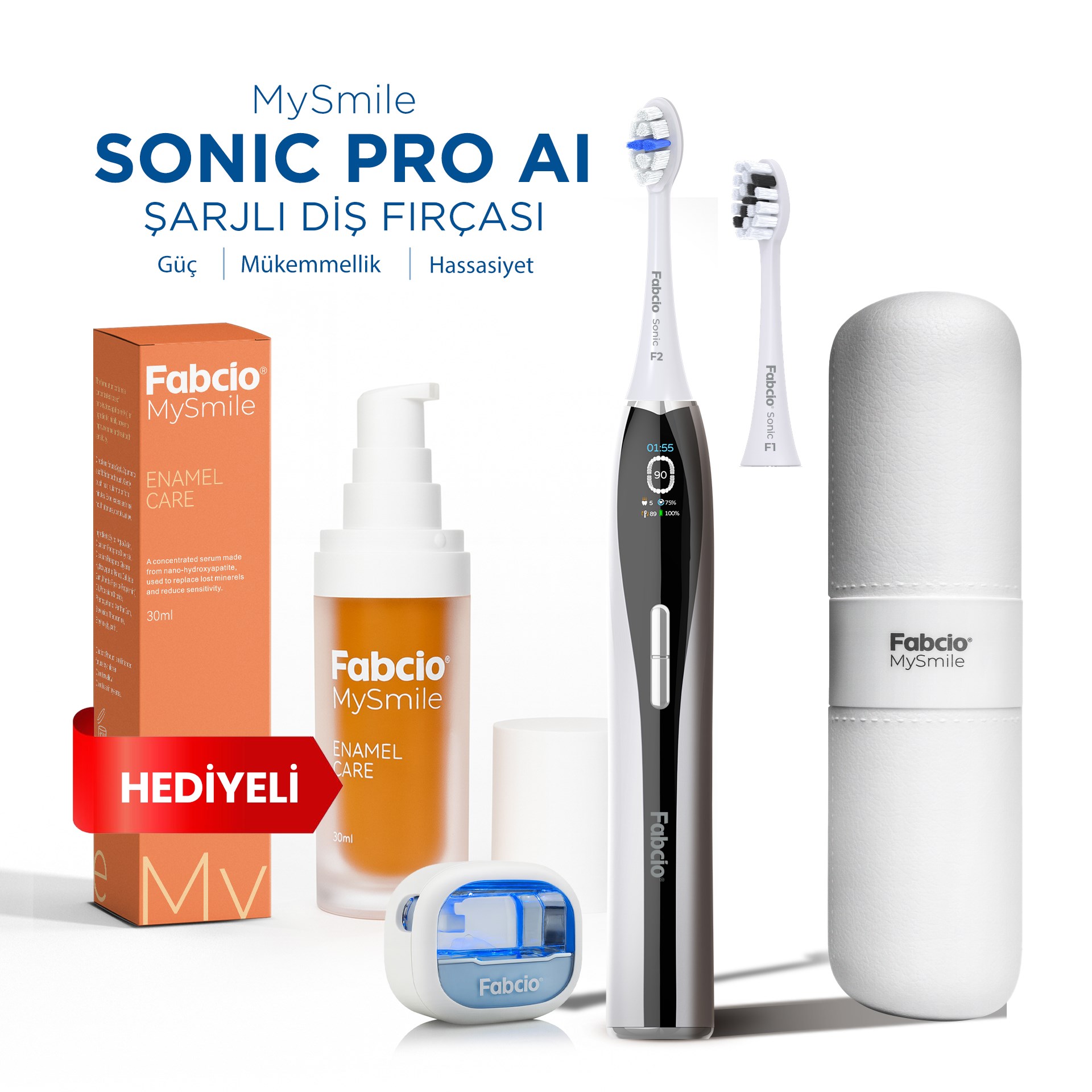 Fabcio MySmile Sonic Pro AI Şarjlı Diş Fırçası (Beyaz) + Diş Mine Bakım Serumu Hediye